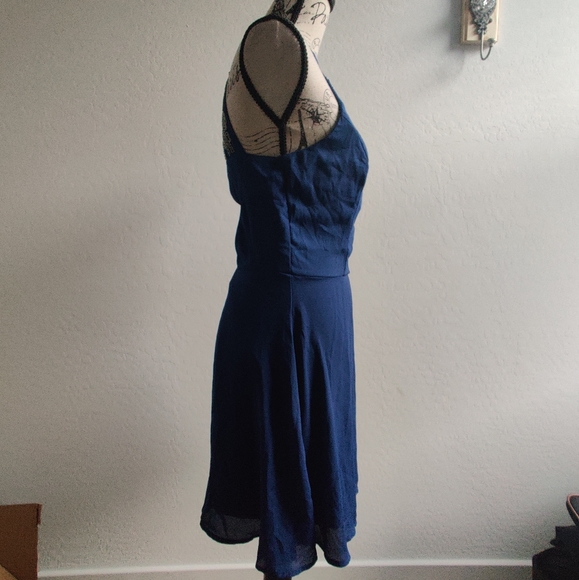 Navy blue bead embroidered cutout keyhole wedding guest semi-formal dress (S) - Picture 4 of 8